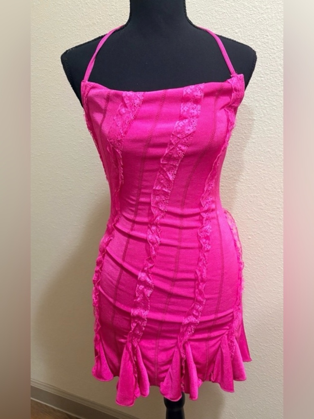 Vibrant Pink Lace Cowl Neck Lace Trim Halter Dress XS